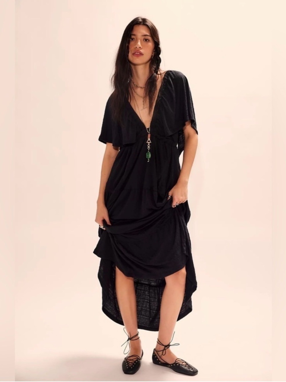FP Beach La La Maxi Flowy Black V-Neck